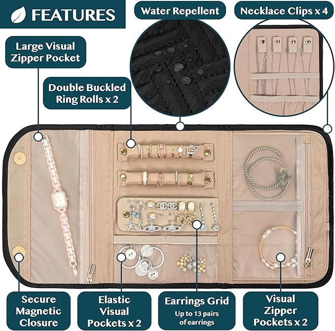 Pavilia Foldable Jewelry Organizer - Travel Roll Bag with Compartments for Earrings, Rings, Necklaces, Bracelets - Packing Accessory