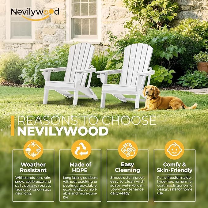 Folding Adirondack Chair - Extended Ergonomic Backrest, Cup Holder - Easy Assembly - Durable HDPE Plastic, Weather Resistant & Maintenance-Free - Lawn, Patio, Deck Supports 380lbs White