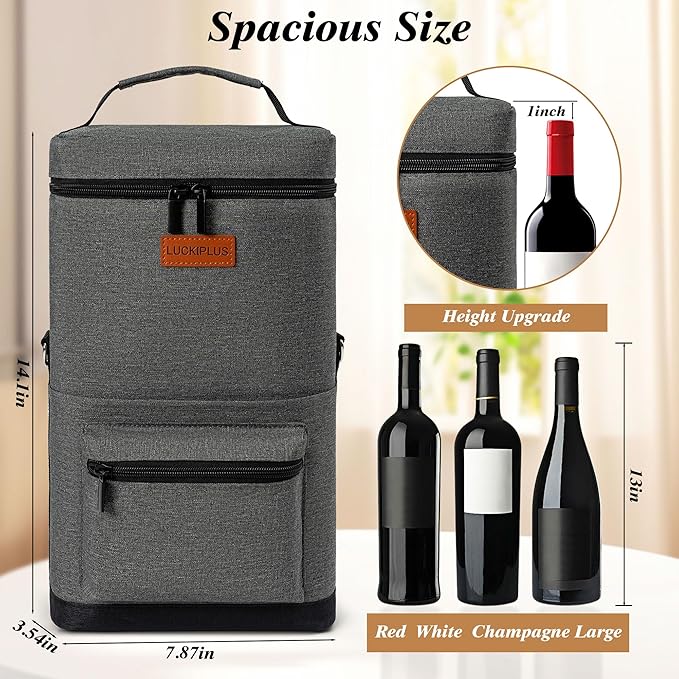 2 Bottle Wine Bag Carrier Tote, Portable Wine Cooler Bag with Padded Shoulder Strap, Versatile Liquor Case for Picnic Travel Birthday Party Coolest Gift for Women Men Wine Lovers Grey