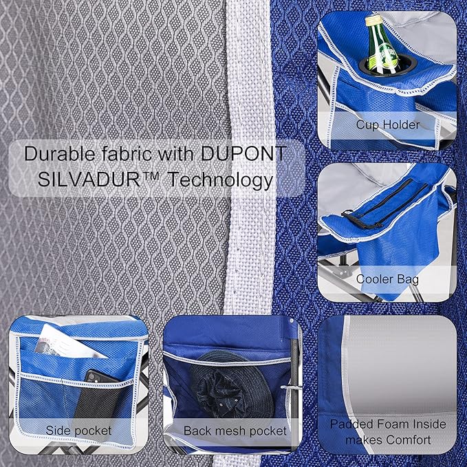 Padded Camping Chairs for Adults, Oversized Folding Outdoor Chairs, Weight Capacity 475lbs, with Cooler Bag, Cup Holder, Storage Pocket Carry Bag (Blue - 2 Pack)