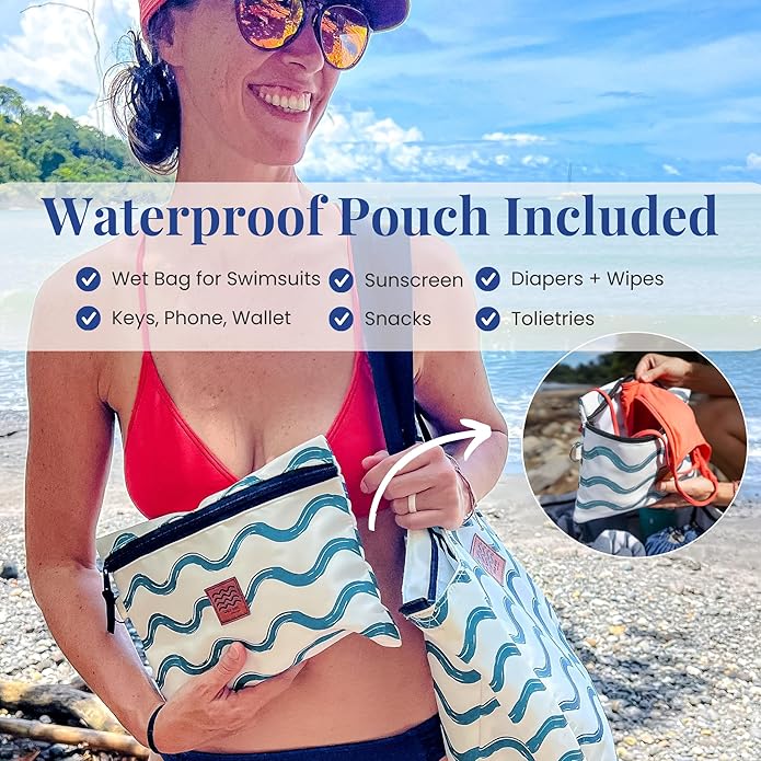 Large Beach Tote Bag for Women – Foldable & Packable Travel Bag with Zipper & Waterproof Pouch, Lightweight & Sandproof