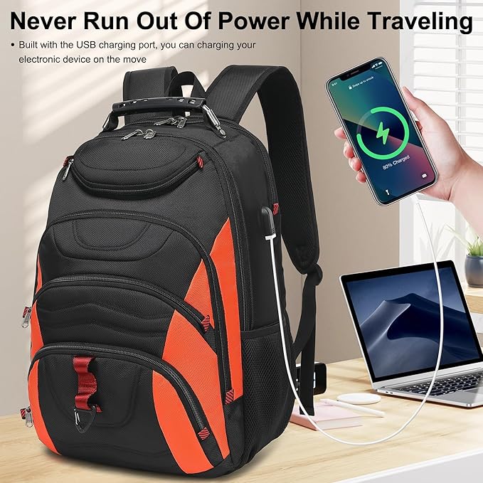 Boavan Laptop Backpack for men, 17.3 inch Laptop Bag with USB Port, Waterproof Travel Work Backpack Purse, Anti-Theft Teacher Nurse Doctor Casual Bookbags Office Business backpack，Black&Orange