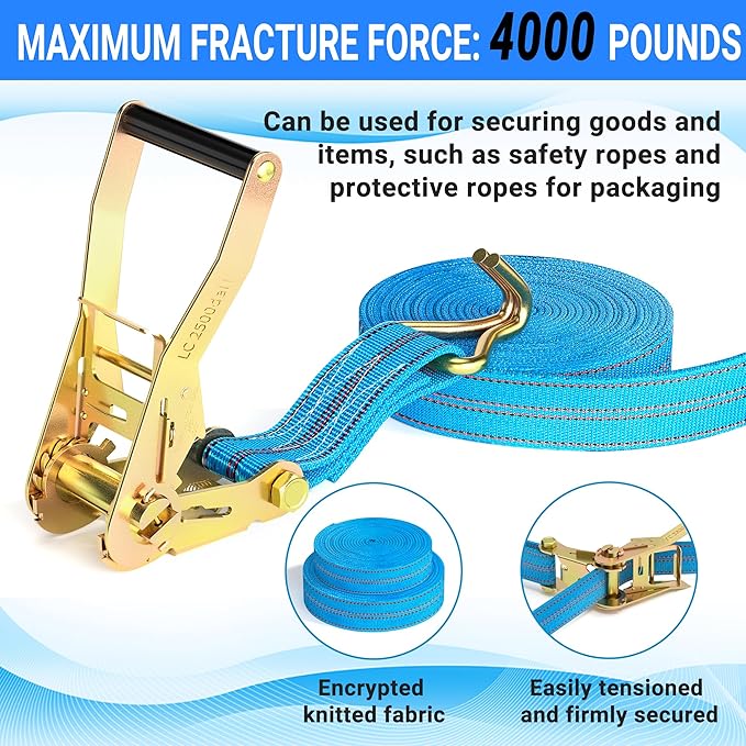 2Pack Ratchet Straps Heavy Duty, 2” 32Ft Tie Down Straps Ratchet, Tie Down Ratcheting with Double J Hook, 4000 LB Break Strength Cargo Strap Ratcheting for Moving, Trailers, Motorcycles and Car Roof