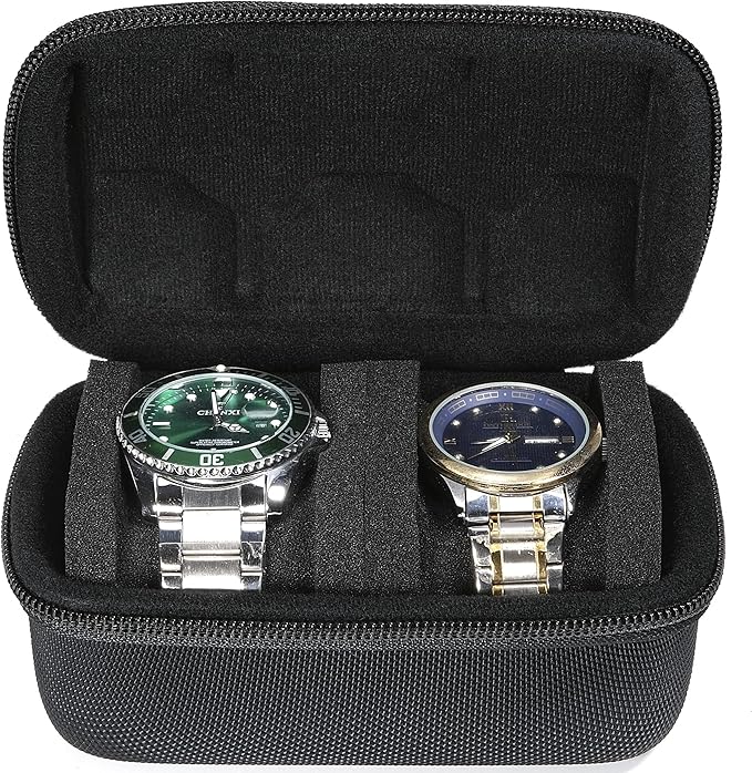 Hard Compact Watch Roll travel case, 2 Slots Portable holder and Organizer with Soft Pillow, keep watch from moving(fit up to 55 mm)