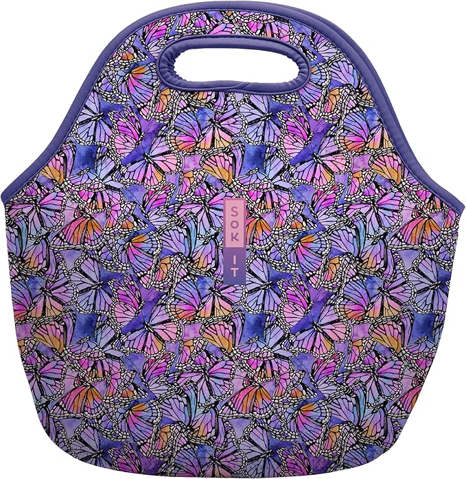 Sok It LunchTote Zippered Bag Insulated Neoprene Caddy (Butterfly Galaxy, Large 4.5 Quart Lunch Tote)