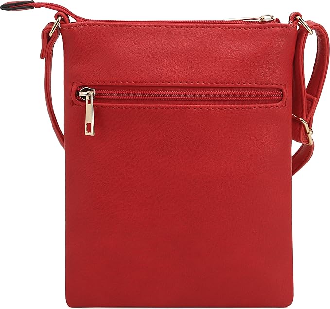 DELUXITY | Red Crossbody Bag | Women's Fashion Multi-Pocket Double Zipper Purse | Adjustable Strap | Medium Size | Perfect for Christmas