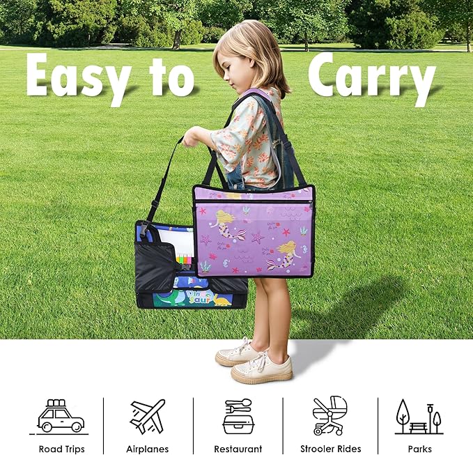2PCS Kids Travel Tray for Airplane - Toddler Car Seat Table Tray, Road Trip Essentials for Boys & Girls, Carseat Lap Desk for Kids Road Trip Activities (Blue Dinosaur/Purple Mermaid)
