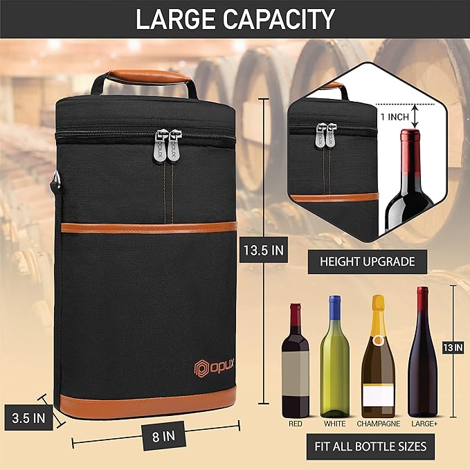 opux 2 Bottle Wine Carrier Tote, Insulated Leakproof Wine Cooler Bag, Wine Travel Bag Tote for Picnic BYOB Beach, Portable Wine Bottle Carrying Case, Gift for Wine Lover Women Men Christmas, Brown
