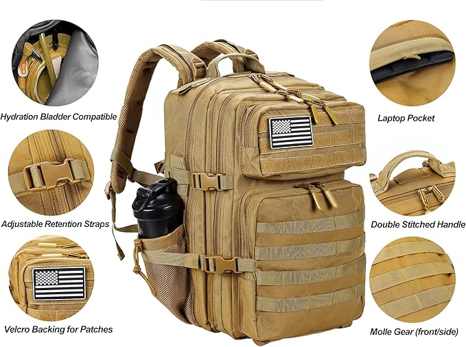 LHI Military Tactical Backpack for Men and Women 45L Army 3 Days Assault Pack Bag Large Rucksack with Molle System - Khaki