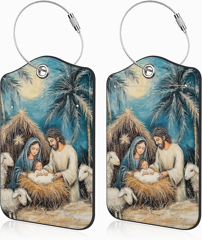2 Pcs Nativity Scene Luggage Tags for Suitcases PU Leather Baggage Tags Name ID Label with Privacy Cover and Stainless Steel Loop for Men Women Travel Bag Suitcase
