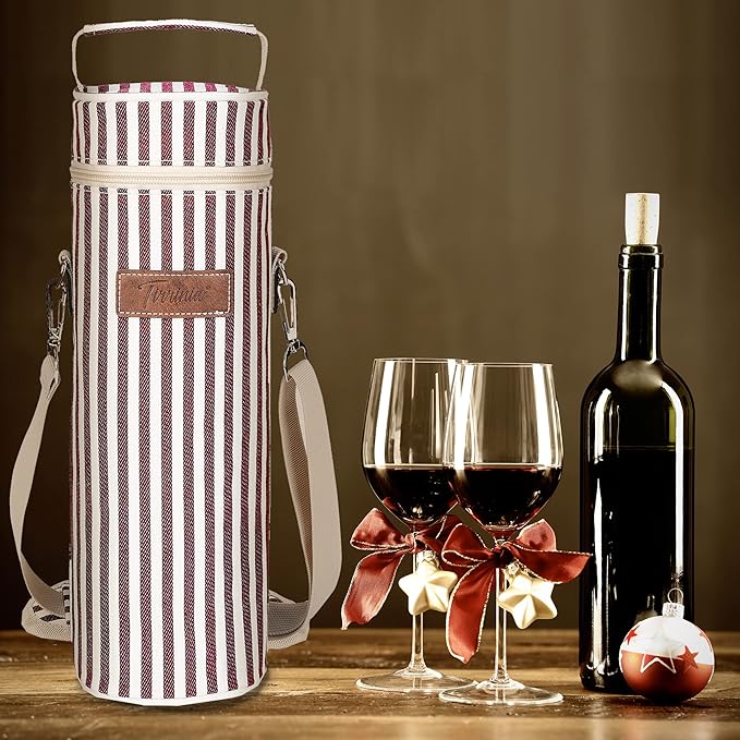 Tirrinia Single Wine Cooler Bags - Insulated & Padded Portable Wine Gift Tote Carrier for Travel, BYOB Restaurant, Wine Tasting, Party, Great Gift for Wine Lover, Wine Stripe