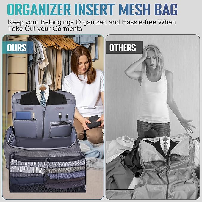 Convertible Garment Duffel Bag with Mesh Storage Bag, Water-Resistance Carry On Garment Bag with Suit Compartment, 2 in 1 Hanging Suit Travel Bag