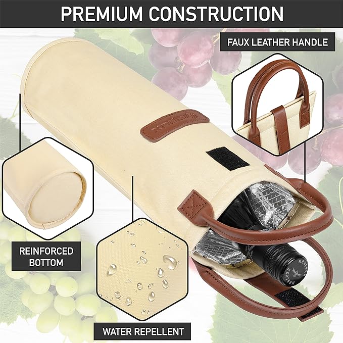 opux Wine Bag Single Bottle Carrier Tote, Insulated Travel Wine Cooler Bag for Picnic Beach Gift, Thermal Padded Portable One Bottle Holder Carrying Case for Women Men Wine Lovers, Cream Beige