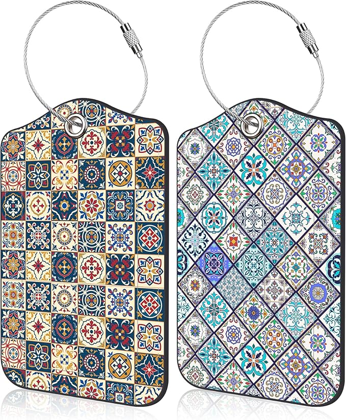 2 Pack Luggage Tags Colorful Moroccan Portuguese Tiles PU Leather Baggage Tag with Privacy Cover Stainless Steel Loop and Name ID Card for Men Women Travel Bag Luggage Accessories