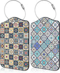2 Pack Luggage Tags Colorful Moroccan Portuguese Tiles PU Leather Baggage Tag with Privacy Cover Stainless Steel Loop and Name ID Card for Men Women Travel Bag Luggage Accessories