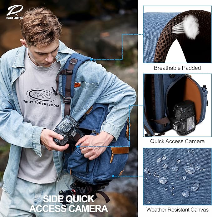 Padwa Lifestyle Blue Camera Backpack - Professional DSLR & UAV Camera Bag,Anti Theft Canvas Camera Backpack with Rain Cover,Large Capacity Photography Travel Camera Bag with Multi Compartments