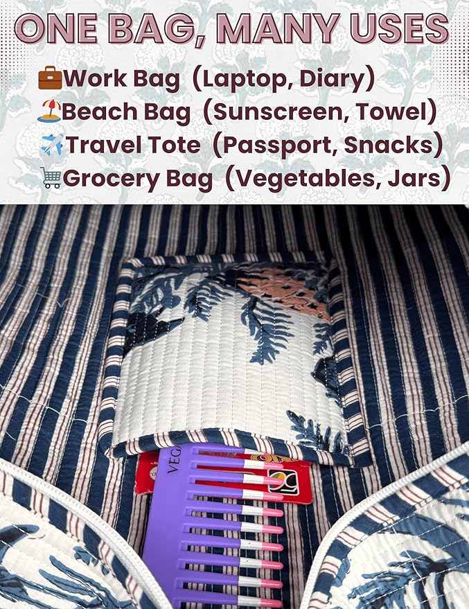 Cotton Quilted Tote Bag for Women – Large Beach & Travel Tote with Zipper, Reusable Grocery Bag