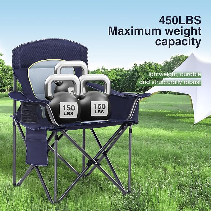 HIGH POINT SPORTS Oversized Camping Folding Chair, Heavy Duty Portable Outdoor Chair, Foldable Camp Chair with Cup Holder and Cooler Bag Support 450 LBS, 2 Pack, Dark Blue