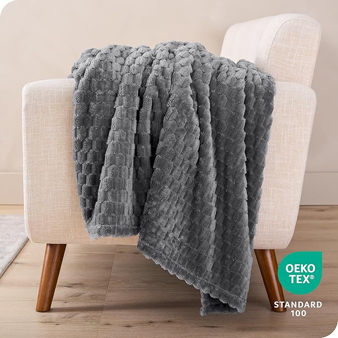 Bare Home Textured Fleece Blanket - Throw/Travel - Ultra-Soft Lightweight for Bed, Sofa, and Couch - Luxury Microplush - Cozy Warm Blanket (Throw/Travel, Waffle Grey)