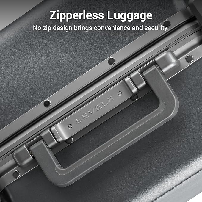 LEVEL8 Zipperless Carry On Luggage Airline Approved with Aluminum Frame, Hard Shell Suitcase with Spinner Wheels, Metal Checked Luggage with Packing Organizers, 20 Inch, Grey