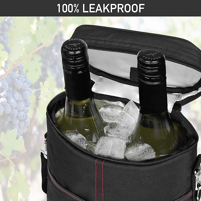 opux 2 Bottle Wine Carrier Tote, Insulated Leakproof Wine Cooler Bag, Wine Travel Bag Tote for Picnic BYOB Beach, Portable Wine Bottle Carrying Case, Gift for Wine Lover Women Men Christmas, Black