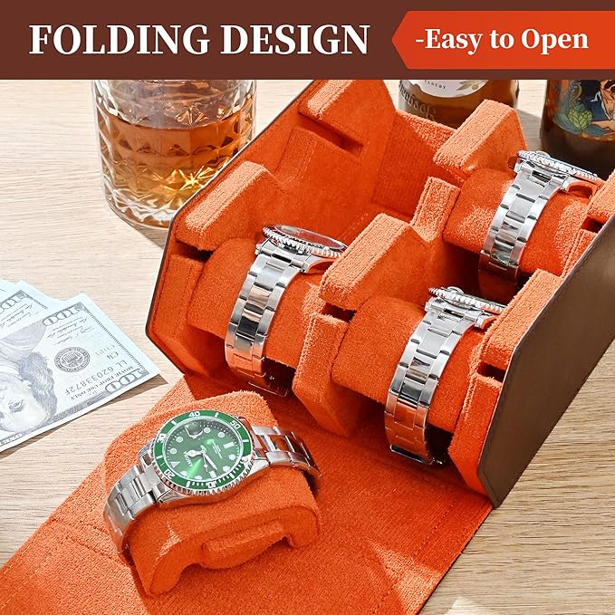 Watch Roll Travel Case for 4 Watchs Storage and Organizer,Leather Watch Box with Innovative Slide Pillows & Solid Dividers for Home, Protect and Display