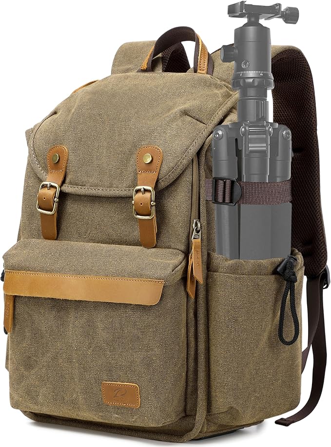 Padwa Lifestyle Khaki Camera Backpack - Professional DSLR & UAV Camera Bag,Anti Theft Canvas Camera Backpack with Rain Cover,Large Capacity Photography Travel Camera Bag with Multi Compartments