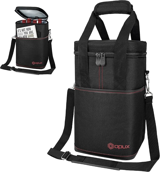 Opux 4 Bottle Insulated Wine Cooler Bag - Leakproof Padded Portable Wine Bottle Carrier for Travel Picnic BYOB Gift (Black)
