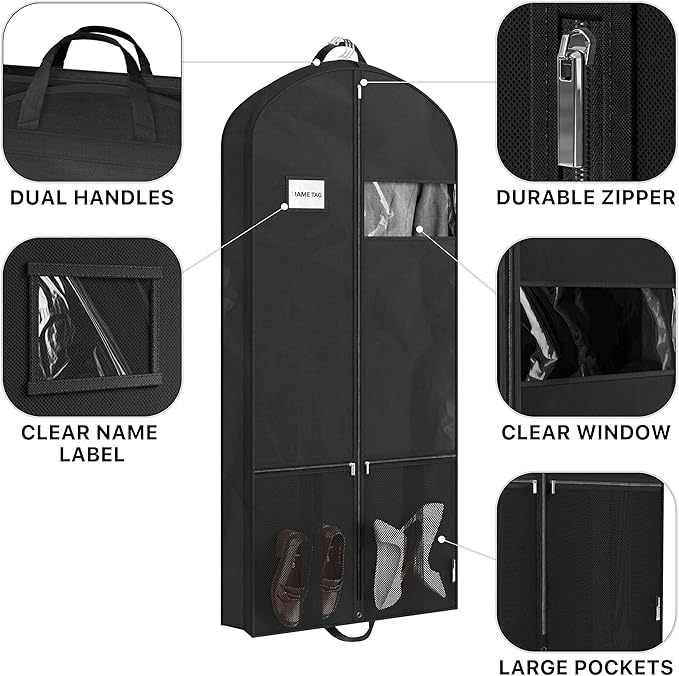 Simple Houseware 60-Inch Travel Garment Bag with Pockets, Non-Woven | Lightweight, Black, 3 Pack