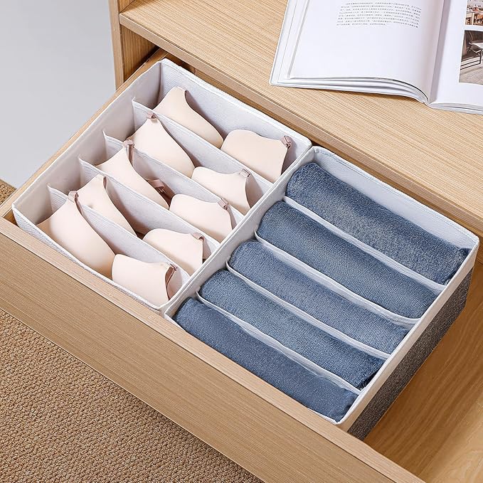 Jeans Drawer Organizers for Clothing,5 Grids Compartment Wardrobe clothes organizer,Fabric Washable Closet Organizers and Storage Bins for Jeans,Pants,Bra,Legging,t-shirt-GreyWhite