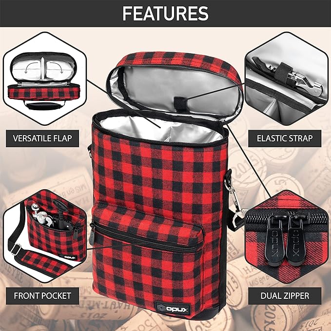 Opux 2 Bottle Wine Tote Carrier, Insulated Cooler Bag for Travel Picnic, Leakproof Padded Case, Wine Gifts for Women & Men, Plaid Buffalo Red