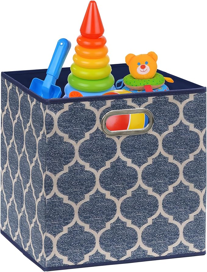 SIMPLE HOUSEWARE 11-Inch Collapsible Fabric Cube Storage Bin with Handles, Printed Design, 6 Pack, Steel Blue