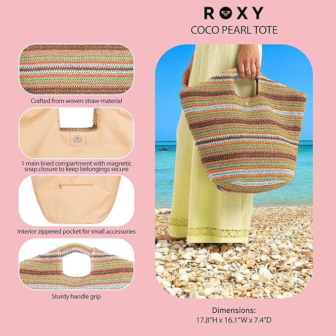 Roxy Women's Beach Tote Bag | Travel | Vacation | Straw | Lightweight | Breathable