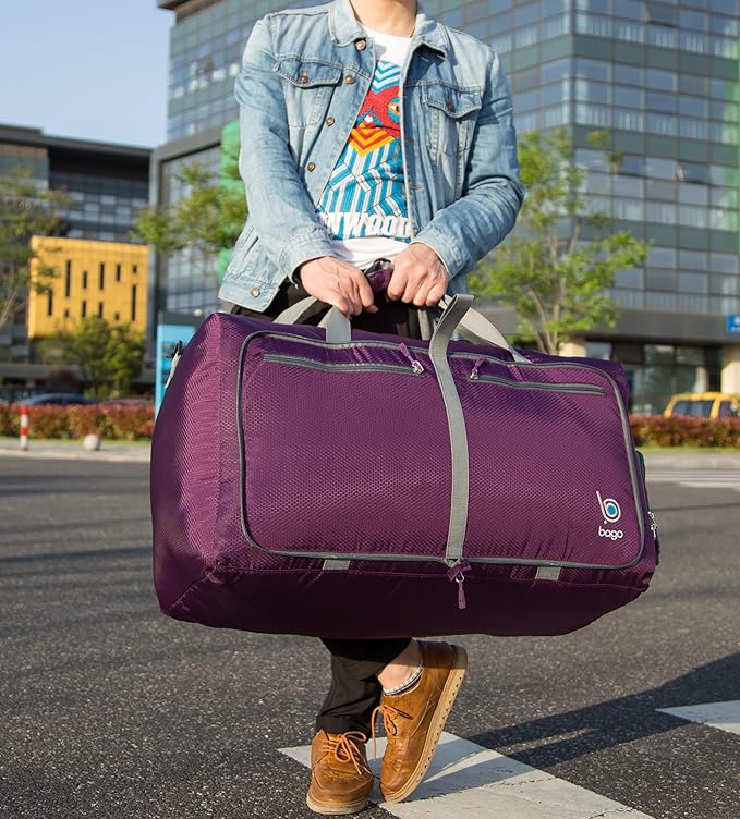 Bago Large Foldable Duffel Bags for Traveling Women & Men - 80L Packable Duffle Bag for Travel with Shoe Compartment - Water Repellant, Heavy Duty, Lightweight Folding & Collapsible (Purple)