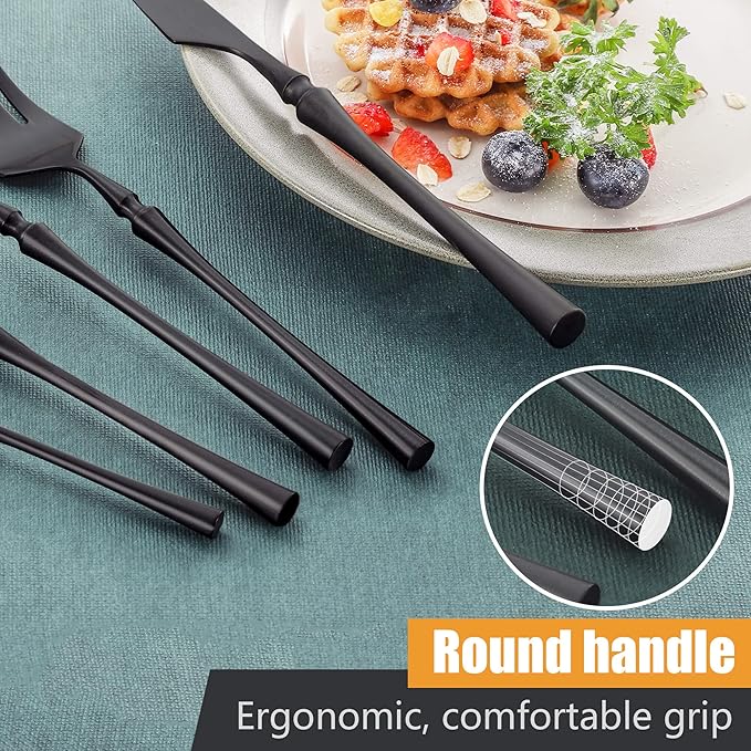20-Piece Matte Black Silverware Set for 4,Modern 18/10 Stainless Steel Flatware Set,Unique Rustic Cutlery Utensils Set,Spoon and Fork Set for Home, Restaurant,Mirror Polished,Dishwasher Safe