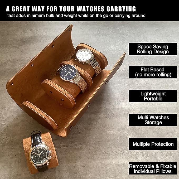 Longjet Watch Roll Travel Case for Men Portable Watches Organizer Box with Removable Velvet Pillow Holder (Brown)