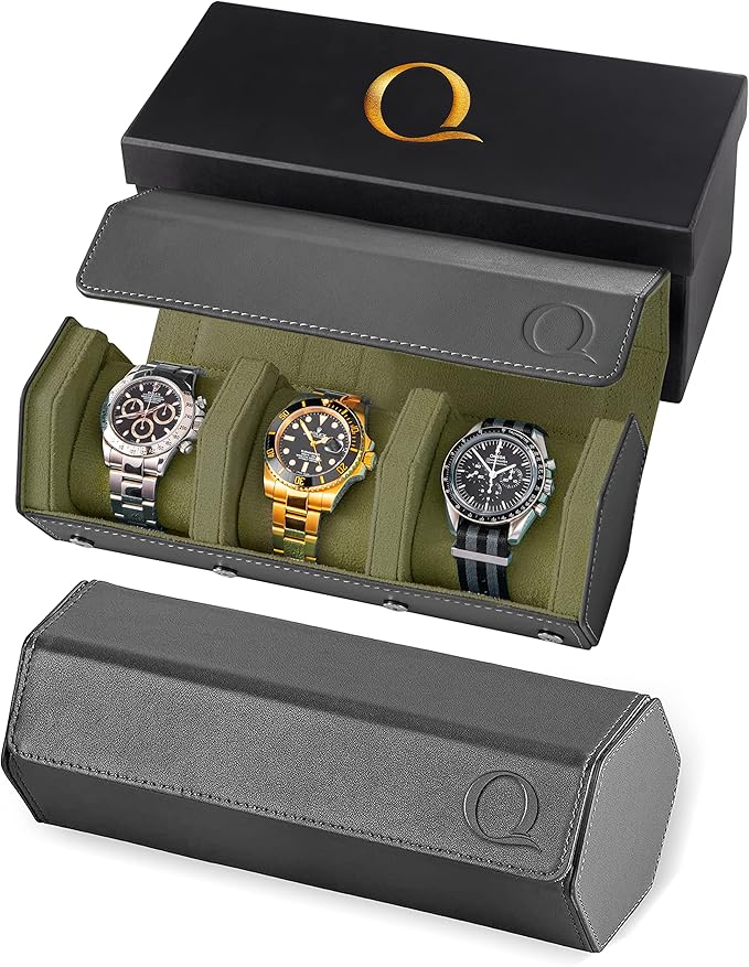 Napa Leather Watch Rolls for Men - Hexagon Triple Watch Roll Travel Case for 3 Watches - Storage Organizer Genuine Leather with Velvet Interior Display (Gray/Green)