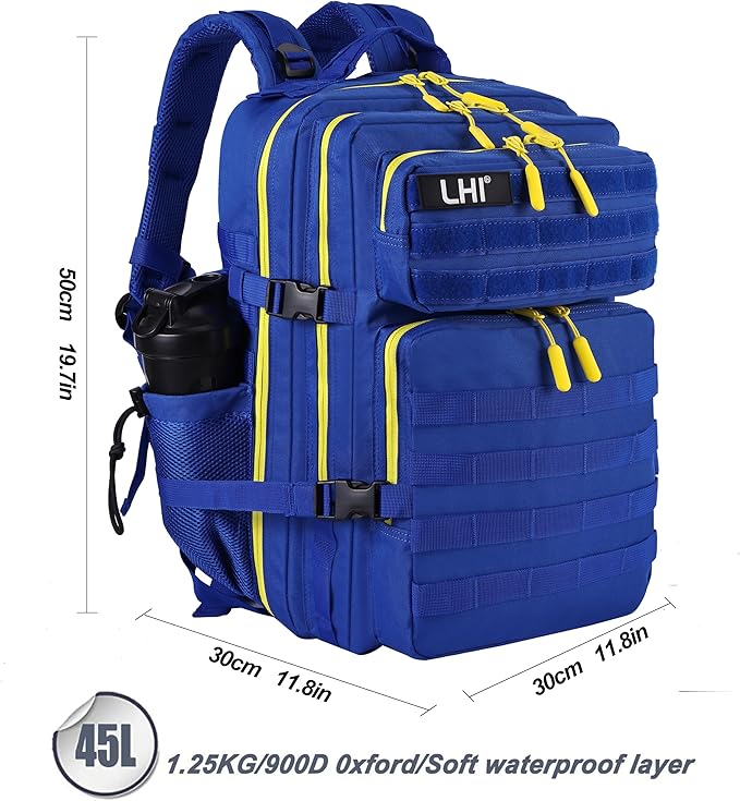 LHI Military Tactical Backpack for Men and Women 45L Army 3 Days Assault Pack Bag Large Rucksack with Molle System - Blue with yellow zipper