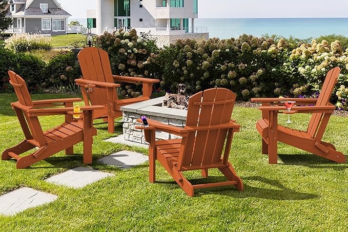 SERWALL Adirondack Chair with Cup Holders - Composite Adirondack Chairs Set of 2 HDPE Outdoor Chairs All Weather Use- Orange
