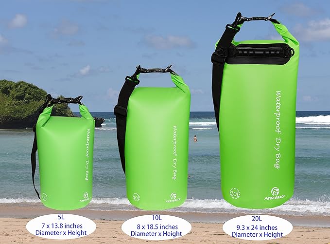 Freegrace Waterproof Dry Bags Set Of 3 Dry Bag With 2 Zip Lock Seals & Detachable Shoulder Strap, Waist Pouch & Phone Case - Can Be Submerged Into Water - For Swimming (Green, 5L)