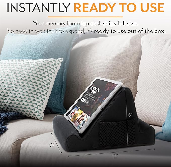 Brookstone - Memory Foam Lap Desk Tablet Holder, Holds Phones, iPads, E-Book Readers, 2 Viewing Angles, 2 Side Pockets for Accessories, Book Holder Cushion, Perfect Home, Car Travel, Flights, Black