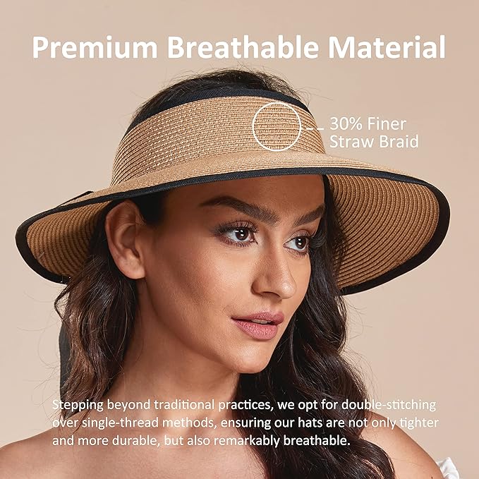 Joywant Womens Sun Visor Hats, Packable Wide Brim Ponytail Beach Hat Straw Visor Summer Beach Vacation Essentials for Womens