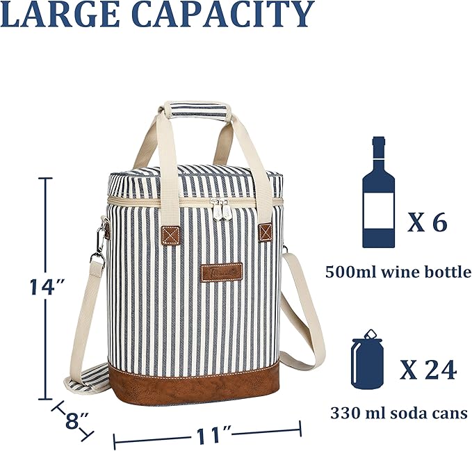 Tirrinia 6 Bottle Wine Cooler Bag - Blue Stripe, Padded & Thermal Insulated, Leakproof, Multi-Use, On-The-Go Design