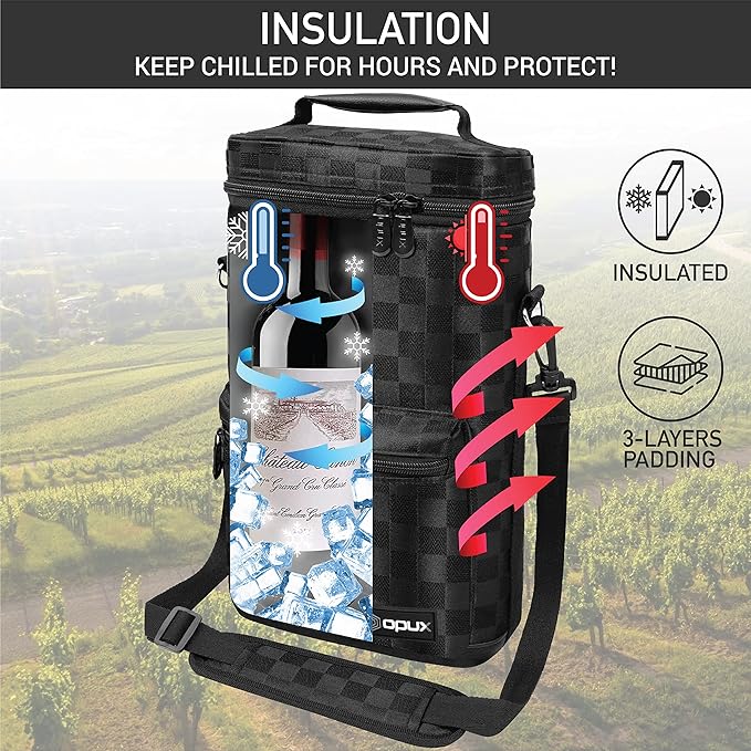 opux Wine Bag 2 Bottle Wine Tote Carrier, Insulated Wine Cooler Bag for Travel Picnic, Leakproof Portable Bottle Padded Case, Wine Gifts For Women Men Wine Lovers Christmas, Black