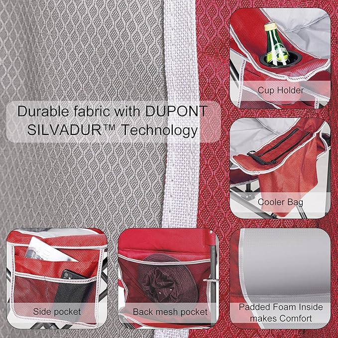 Padded Camping Chairs for Adults, Oversized Folding Outdoor Chairs, Weight Capacity 475lbs, with Cooler Bag, Cup Holder, Storage Pocket Carry Bag (Red - 2 Pack)