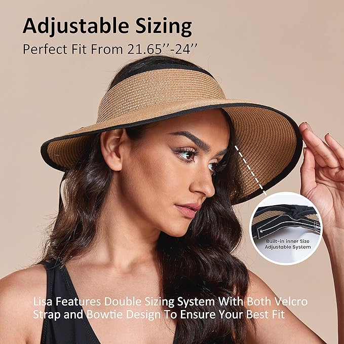 Joywant Womens Sun Visor Hats, Packable Wide Brim Ponytail Beach Hat Straw Visor Summer Beach Vacation Essentials for Womens