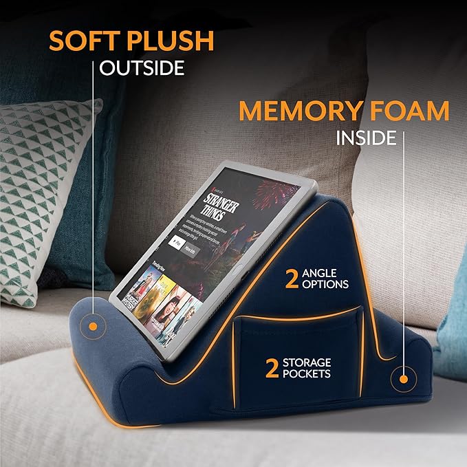 Brookstone, Memory Foam Lap Desk Tablet Holder, Holds Phones, iPads, E-Book Readers, 2 Viewing Angles, 2 Side Pockets for Accessories, Book Holder Cushion, Perfect Home, Car Travel, Flights, Blue