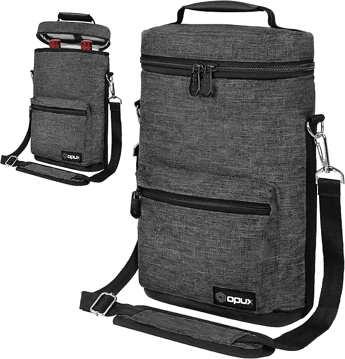 Opux 2 Bottle Wine Tote Carrier, Insulated Cooler Bag for Travel Picnic, Leakproof Padded Case, Wine Gifts for Women & Men, Charcoal Gray