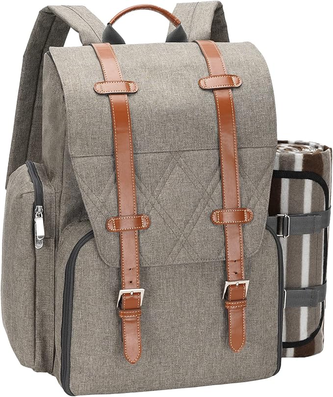 Picnic Backpack for 2 Person with Large Insulated Cooler Bag, Picnic Basket Set with Wine Pouch, Waterproof Picnic Blanket & Cutlery Set. Perfect for Beach, Camping,Wedding Gift for Couple.Beige
