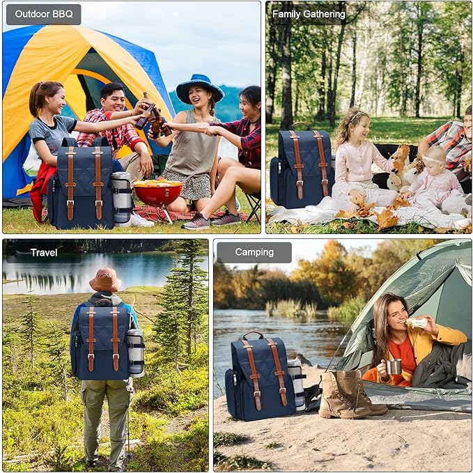 Picnic Backpack for 4 Person with Large Insulated Cooler Bag, Picnic Basket Set with Wine Pouch, Waterproof Picnic Blanket & Cutlery Set. Perfect for, Camping, Party,Wedding Gift for Couple,Blue